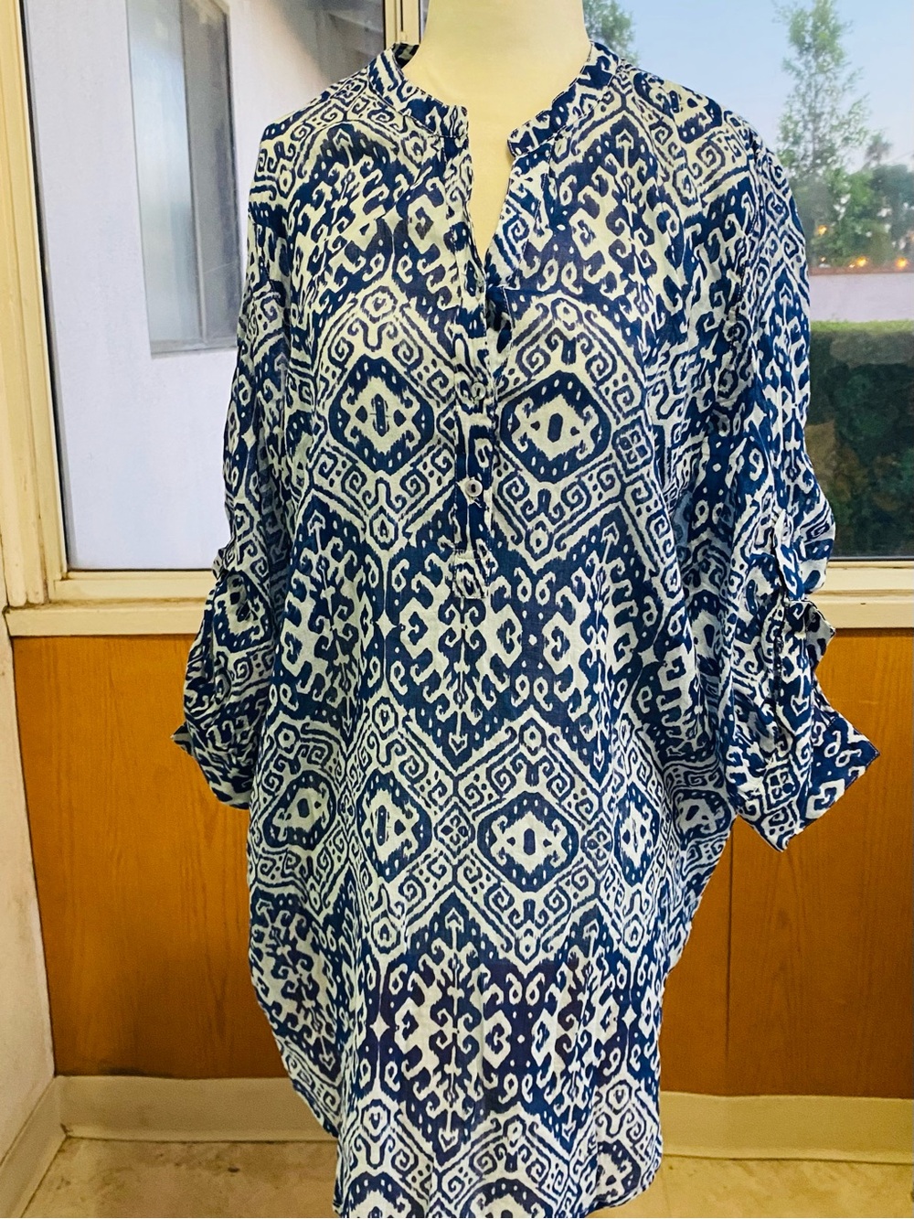 Dolma Cotton Blue White Boho Geometric Tunic Blouse Top XL